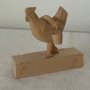 USSR Russia Wooden Hand Carved Moving Rooster Chicken with Buckets Toy